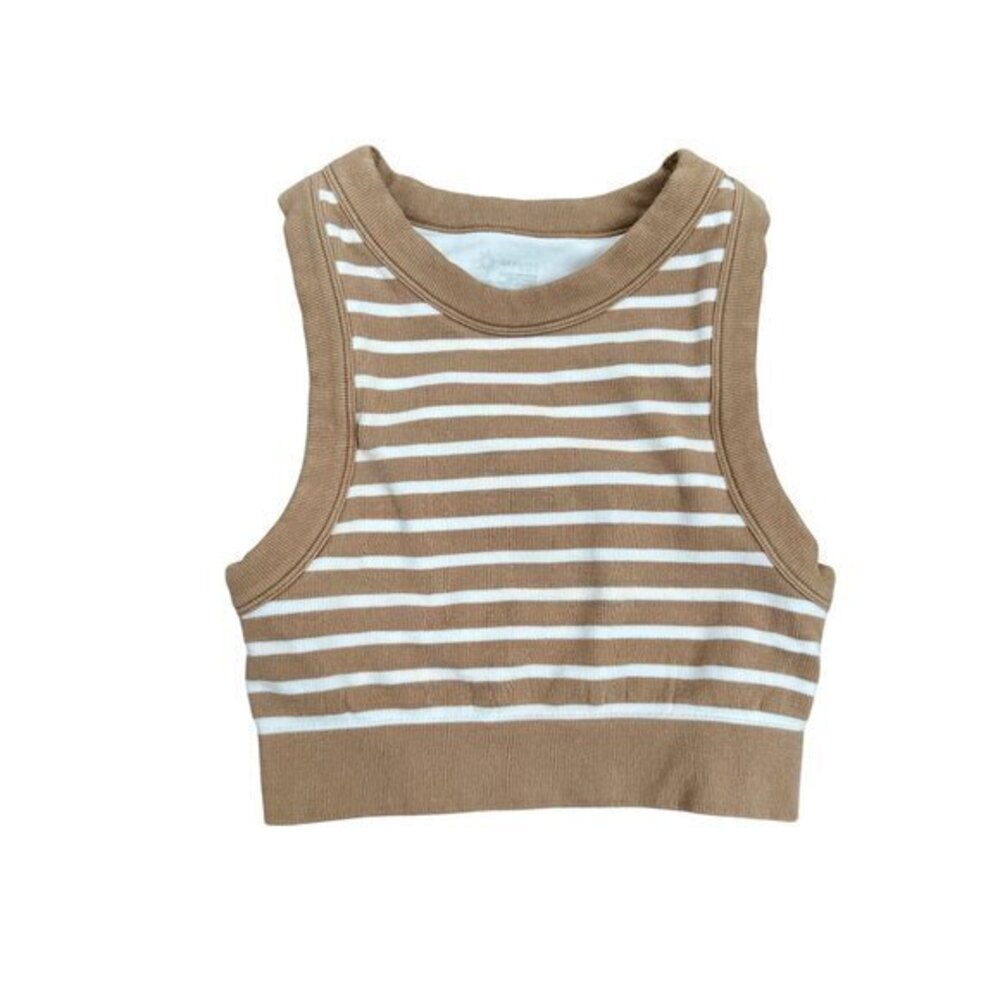 Striped Ribbed Seamless Cropped Tank Top XS By Offline Brown & White Stretch Cot